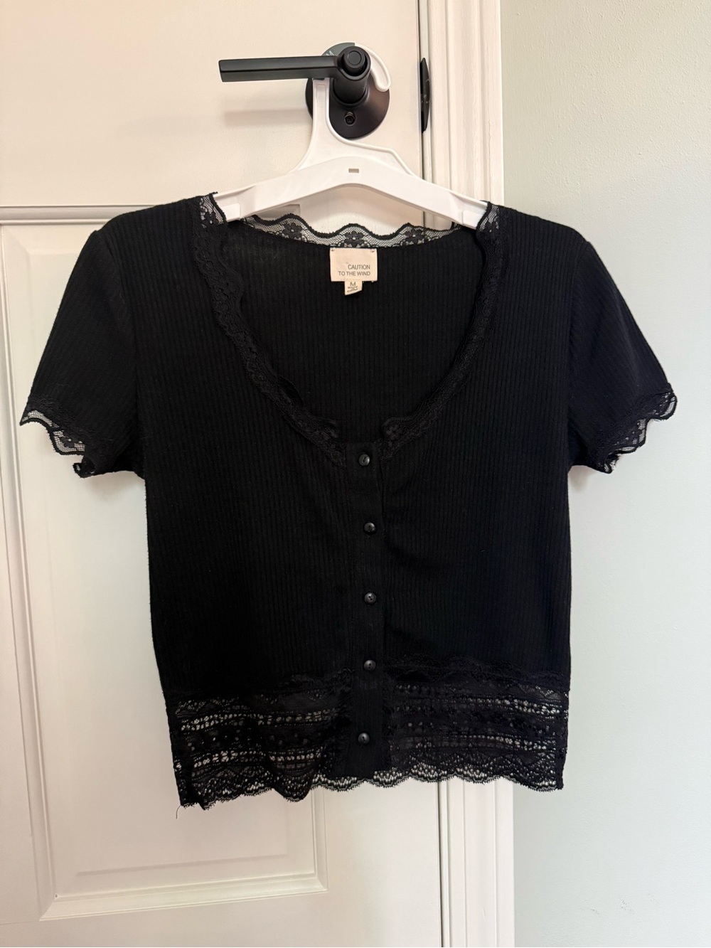 Caution To The Wind Black Lace-Trim Front-Button Top
